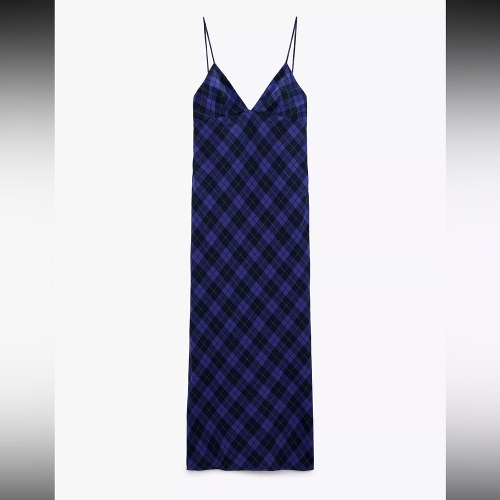 Zara Blue and Black Plaid Spaghetti Strap Dress